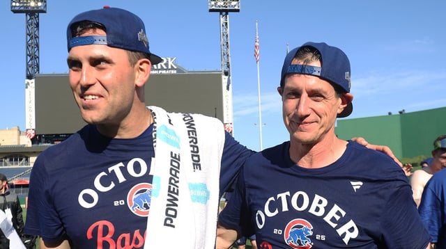 Sep 17, 2025; Pittsburgh, Pennsylvania, USA; Chicago Cubs pitcher Matthew Boyd (left) and manager Craig Counsell (right) celebrate after defeating the Pittsburgh Pirates to secure a spot in the 2025 play-offs at PNC Park. Mandatory Credit: Charles LeClaire-Imagn Images.