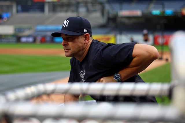 NEW YORK, NY - SEPTEMBER 25: Manager, Aaron Boone #17 of the New York Yankees looks on during batting practice before the game against the Chicago White Sox at Yankee Stadium on September 25, 2025 in New York, New York. (Photo by New York Yankees/Getty Images)