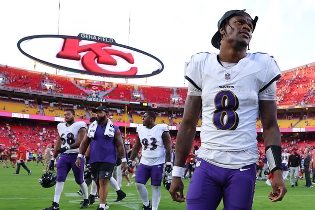 Quarterback Lamar Jackson #8 of the Baltimore Ravens leaves the field after losing to the Kansas City Chiefs 37-20 at Arrowhead Stadium on September 28, 2025 in Kansas City, Missouri.