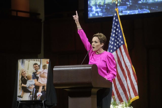 Kari Lake, Senior Advisor for the U.S. Agency for Global Media, speaks during a memorial and prayer vigil for Charlie Kirk at the John F. Kennedy Memorial Center for the Performing Arts, Sunday, Sept. 14, 2025, in Washington. (AP Photo/Rod Lamkey, Jr.)