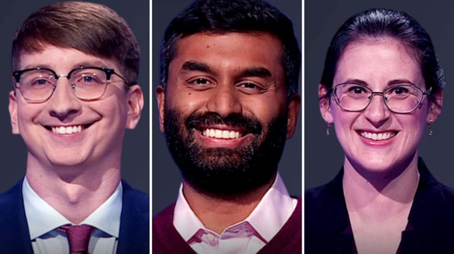 )from left) 'Jeopardy!' contestants Zach Knecht, Prasad Patil, and Rebecca Thompson on September 29, 2025