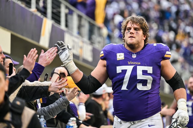 Dec 1, 2024; Minneapolis, Minnesota, USA; Minnesota Vikings offensive tackle Brian O'Neill (75) reacts with the crowd after the game against the Arizona Cardinals at U.S. Bank Stadium. Mandatory Credit: Jeffrey Becker-Imagn Images/ File Photo