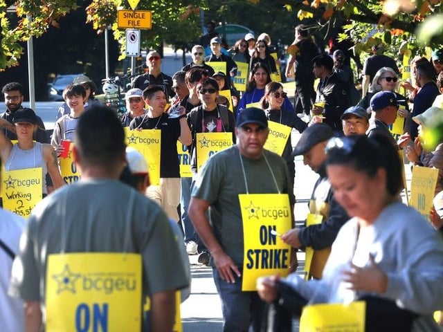  BCGEU workers on a picket line at the B.C. Liquor Distribution Branch office at 3383 Gilmore Way on Sept. 23, 2025