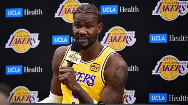 Sep 29, 2025; Los Angeles, CA, USA; Los Angeles Lakers center Deandre Ayton (5) during media day at UCLA Health Training Center. Mandatory Credit: Gary A. Vasquez-Imagn Images