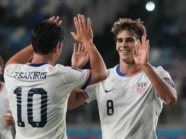 United States' Benjamin Cremaschi celebrates scoring his side's 6th goal against New Caledonia during a FIFA U-20 World Cup Group E soccer match at El Teniente Stadium in Rancagua, Chile, Monday, Sept. 29, 2025. (AP Photo/Andre Penner)