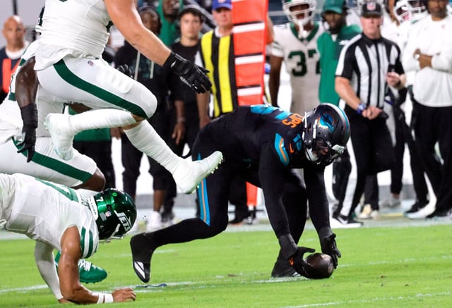 Miami Dolphins linebacker Jaelan Phillips (15) picks up a strip sack fumble by New York Jets quarterback Justin Fields (7) Monday at Hard Rock Stadium.(Joe Cavaretta/South Florida Sun Sentinel)