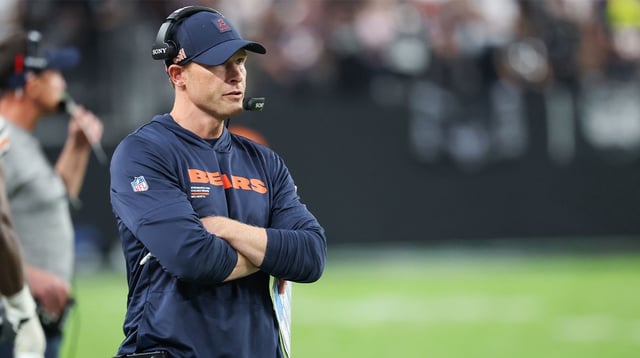 Sep 28, 2025; Paradise, Nevada, USA; Chicago Bears head coach Ben Johnson looks on from the sideline during the second half against the Las Vegas Raiders at Allegiant Stadium. Mandatory Credit: Kiyoshi Mio-Imagn Images.