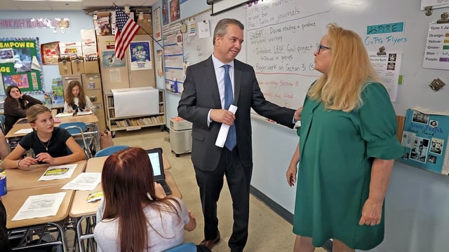 Elementary and Secondary Education Commissioner Pedro Martinez who visited eighth grade classroom Ottoson Middle School in Arlington on Sept. 29.
