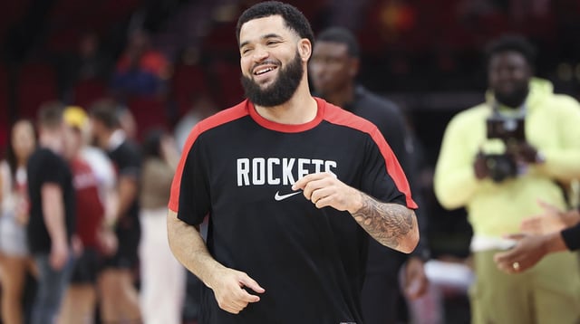 Mar 25, 2025; Houston, Texas, USA; Houston Rockets guard Fred VanVleet (5) smiles on the court before the game against the Atlanta Hawks at Toyota Center. Mandatory Credit: Troy Taormina-Imagn Images