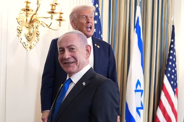 President Donald Trump speaks upon departing a news conference with Israeli Prime Minister Benjamin Netanyahu, in foreground, on Monday.