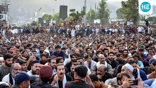 Awami Action Committee (AAC) members gather as they take part in a demonstration in Muzaffarabad, the capital of Pakistan-administered Kashmir, on September 29, 2025, demanding structural reforms along with political and economic rights.