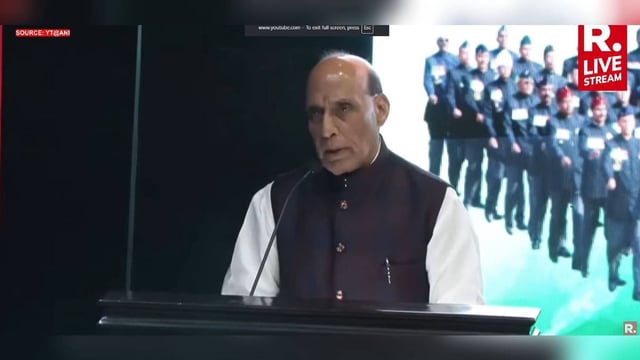 Defence Minister Rajnath Singh addresses the National Conclave 2025 at Zorawar Auditorium, Manekshaw Centre, in New Delhi on Tuesday. | Image: Republic