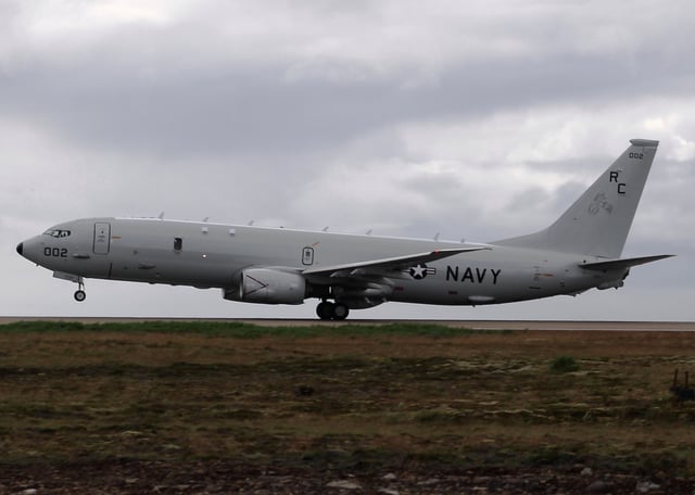A United States P-8 maritime patrol aircraft takes off in support of a NATO-led vigilance activity, Baltic Sentry, at Keflavík Air Base in Iceland on July 24, 2025.
