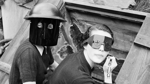 Fire masks, Downshire Hill, London 1941, by Lee Miller