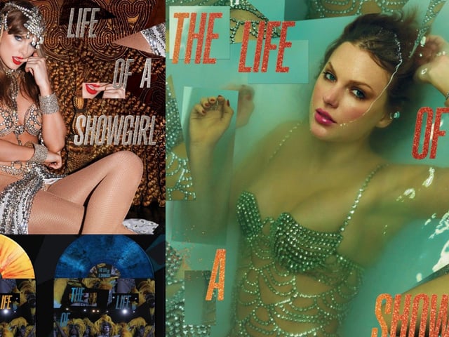 A diptych of album covers for "THE LIFE OF A SHOWGIRL," features an elaborately dressed Taylor Swift in rhinestone-studded showgirl costumes, depicted in a rich, textured setting on the left and submerged in vibrant, turquoise water on the right. The images are a conceptual presentation for an album, with accompanying vinyl pressings shown below the main photos.