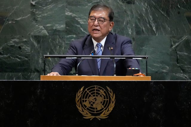 Japan's Prime Minister Shigeru Ishiba addresses the 80th session of the United Nations General Assembly, Tuesday, Sept. 23, 2025, at U.N. headquarters. (AP Photo/Pamela Smith)