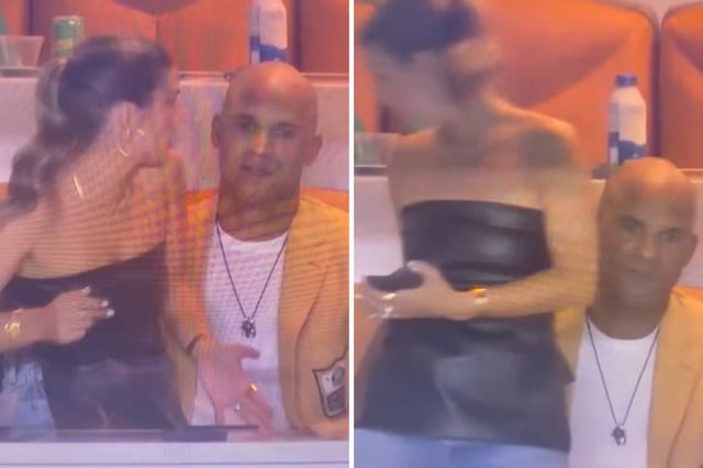 Jason Taylor and his wife, Monica, in jumbotron footage shared by @PolymarketBlitz on X. Credit: Jumbotron/@PolymarketBlitz/X