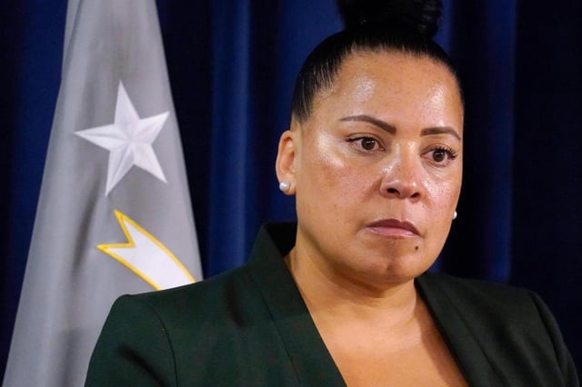 FILE – Massachusetts U.S. Attorney Rachael Rollins addresses the media at the Moakley Federal Courthouse, May 24, 2022, in Boston. Rollins will resign after a monthslong ethics investigation by the Justice Department’s inspector general into her appearance at a political fundraiser and other potential issues, her attorney said Tuesday, May 16, 2023. (AP Photo/Charles Krupa, File)
