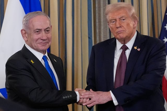 Israel's Prime Minister Benjamin Netanyahu shakes hands with President Donald Trump after a news conference in the State Dining Room of the White House, Monday, Sept. 29, 2025, in Washington.