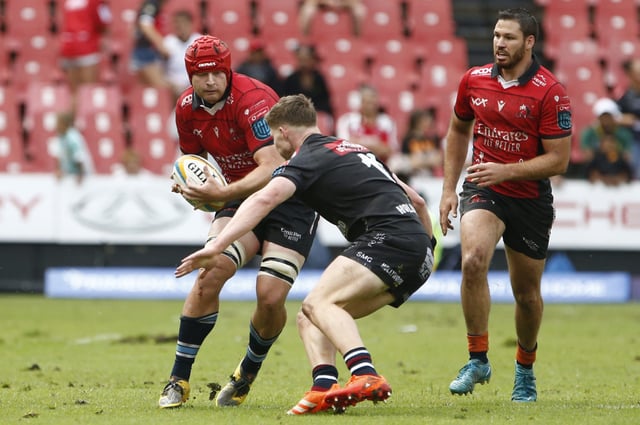 JOHANNESBURG, SOUTH AFRICA - MARCH 01:Francke Horn  of Emirates Lions in action with Ethan Hooker of  Hollywoodbets Sharks during the United Rugby Championship match between Emirates Lions and Hollywoodbets Sharks at Emirates Airline Park on March 01, 2025 in Johannesburg, South Africa. (Photo by Gallo Images)