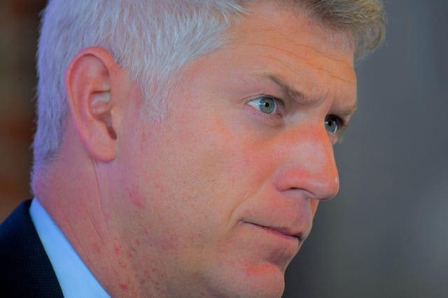 Mike Elias, president of baseball operations for the Baltimore Orioles listens to a question during the ball club’s press conference following a disheartening 2025 major league baseball season. (Karl Merton Ferron/Staff)