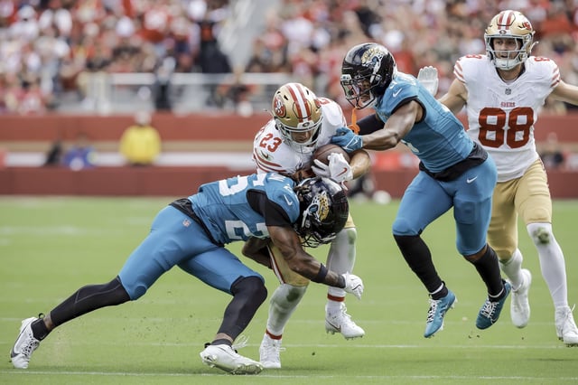 49ers running back Christian McCaffrey managed 49 yards on 17 carries Sunday in a 26-21 loss to the Jacksonville Jaguars at Levi’s Stadium.