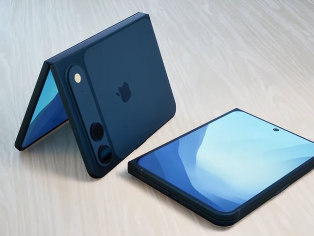 An unofficial render of the iPhone Fold, closed and open in a tent position