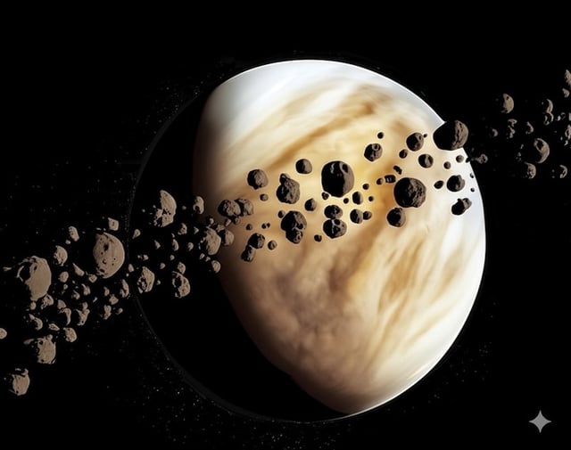 View larger. | Artist's illustration of a group of asteroids near Venus. 'Invisible' asteroids - ones not yet detected by telescopes - that share the same orbit as Venus could pose a threat to Earth in the future, as new study says. Image via Valerio Carruba/Google Gemini/ Agência FAPESP.