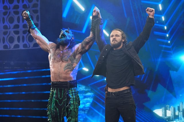 Luchasaurus and Jack Perry reunite at All Out. Photo: AEW