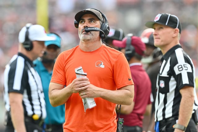 Head coach Kevin Stefanski of the Cleveland Browns looks on against the Green Bay Packers at Huntington Bank Field on September 21, 2025 in Cleveland, Ohio.