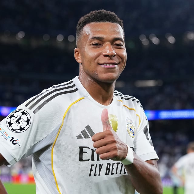 Kylian Mbappe of Real Madrid celebrates after the team's victory in the UEFA Champions League 2025/26 League Phase MD1 match between Real Madrid C.F. and Olympique de Marseille at Estadio Santiago Bernabeu on September 16, 2025 in Madrid, Spain. 
