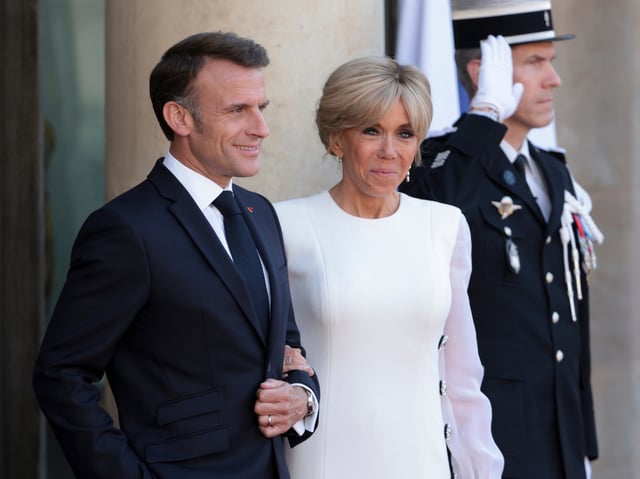 PARIS, FRANCE - JUNE 8: President of France Emmanuel Macron and Brigitte Macron attend a State Dinner in honor of the President of the United States at the Elysee Palace, Palais de l'Elysee on June 8, 2024 in Paris, France. U.S. President Joe Biden is in France to commemorate the 80th anniversary of the invasion of Normandy and to emphasize the continued role of the United States in helping to protect democratic values in Europe.(Photo by Jean Catuffe/Getty Images)
