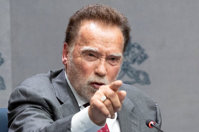 Hollywood actor and former California Governor Arnold Schwarzenegger gestures during a Vatican press conference about climate change in Rome, Italy, September 30, 2025. REUTERS/Remo Casilli
