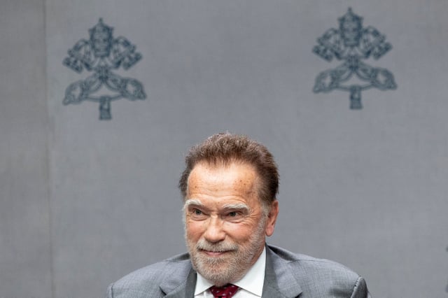 Hollywood actor and former California Governor Arnold Schwarzenegger looks on during a Vatican press conference about climate change in Rome, Italy, September 30, 2025. REUTERS/Remo Casilli