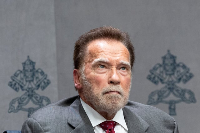 Hollywood actor and former California Governor Arnold Schwarzenegger looks on during a Vatican press conference about climate change in Rome, Italy, September 30, 2025. REUTERS/Remo Casilli