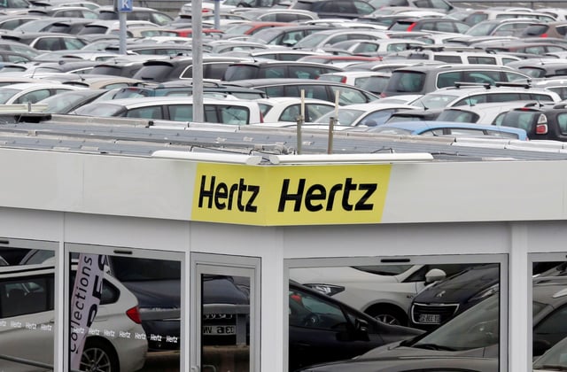 A logo of the American car rental company Hertz is seen at Bordeaux Airport in Merignac, Southwestern France, February 4, 2016.  REUTERS/Regis Duvignau/File Photo