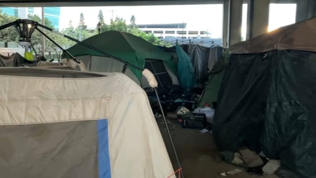 A San Jose encampment underneath Guadalupe Parkway. (Sept. 29, 2025)