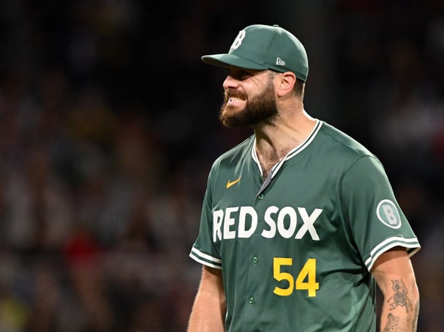 BOSTON, MASSACHUSETTS - SEPTEMBER 12: Lucas Giolito #54 of the Boston Red Sox reacts after being taken out of the game during the sixth inning against the New York Yankees at Fenway Park on September 12, 2025 in Boston, Massachusetts. (Photo by Brian Fluharty/Getty Images)