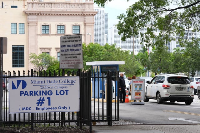 Republican Florida Gov. Ron DeSantis is proposing that President Donald Trump's presidential library be built in a parking lot that is currently used by Miami-Dade College staff and faculty and is adjacent to the Freedom Tower, Tuesday, Sept. 23, 2025, in Miami. (AP Photo/Marta Lavandier)