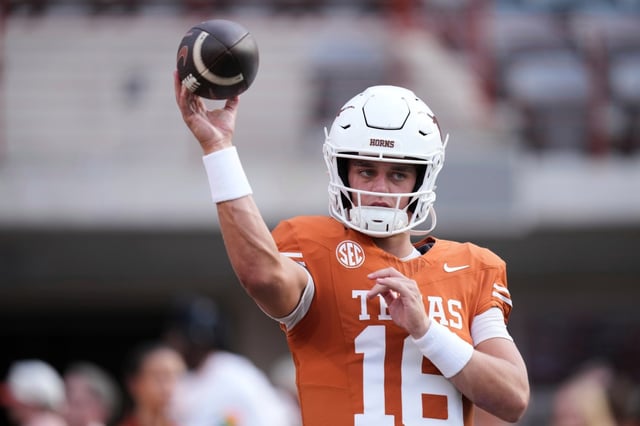 Texas quarterback Arch Manning (16) throws before an NCAA college football game against Sam Houston State in Austin, Texas, Saturday, Sept. 20, 2025. (AP Photo/Eric Gay)