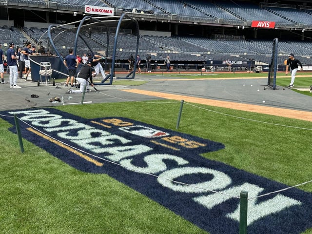 Aaron Judge takes batting practice at Yankee Stadium on Monday prior to wild-card series vs. Red Sox.