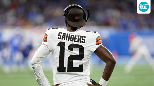 Shedeur Sanders of the Cleveland Browns looks on against the Detroit Lions during the second quarter.