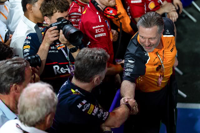 JEDDAH, SAUDI ARABIA - APRIL 20: McLaren CEO Zak Brown shakes the hand of Red Bull Racing CEO and Team Principal Christian Horner in parc ferme during the F1 Grand Prix of Saudi Arabia at Jeddah Corniche Circuit on April 20, 2025 in Jeddah, Saudi Arabia. (Photo by Kym Illman/Getty Images)