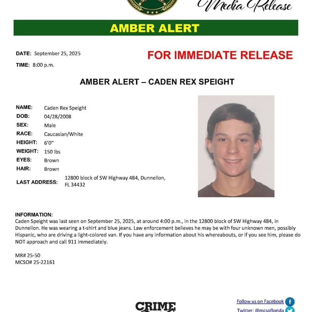 The case began on September 25, when 17-year-old Caden Speight was reported missing near SW Highway 484 in Dunnellon. Authorities initially believed Speight had been shot and abducted by four Hispanic men in a light-colored van, prompting the Florida Department of Law Enforcement to issue an Amber Alert. (Marion Co. Sheriff's Office)
