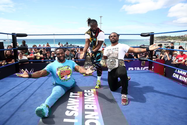 SYDNEY, AUSTRALIA - JANUARY 23: WWE Wrestlers Kofi Kingston (M), Big E (L) and Xavier Woods (R) pose during a media call at Bondi Beach on January 23, 2023 in Sydney, Australia.