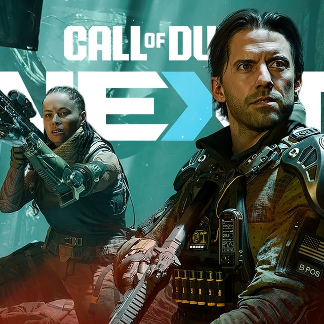 A promotional image from Call of Duty Black Ops 7 showing the main protagonist and one of his squad mates. Behind them are the words, "Call of Duty Next."
