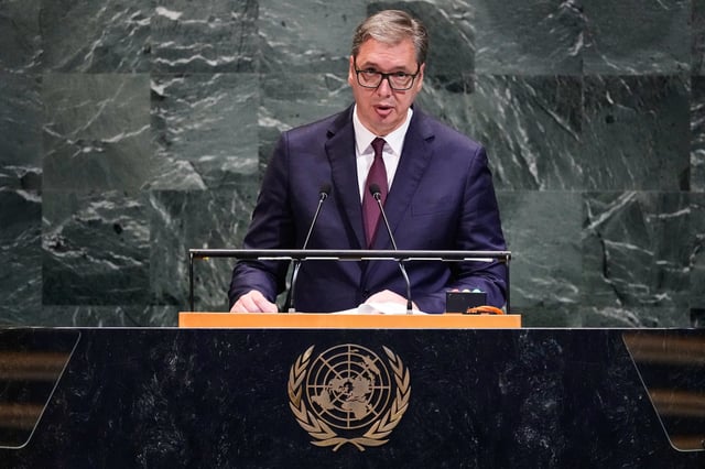 Serbia's President Aleksandar Vucic addresses the 80th session of the United Nations General Assembly, Wednesday, Sept. 24, 2025. (AP Photo/Richard Drew)