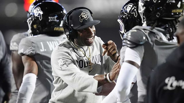 Sep 27, 2025; Boulder, Colorado, USA; Colorado Buffaloes head coach Deion Sanders reacts to a touchdown scored in the first quarter against the Colorado Buffaloes at Folsom Field. Mandatory Credit: Ron Chenoy-Imagn Images