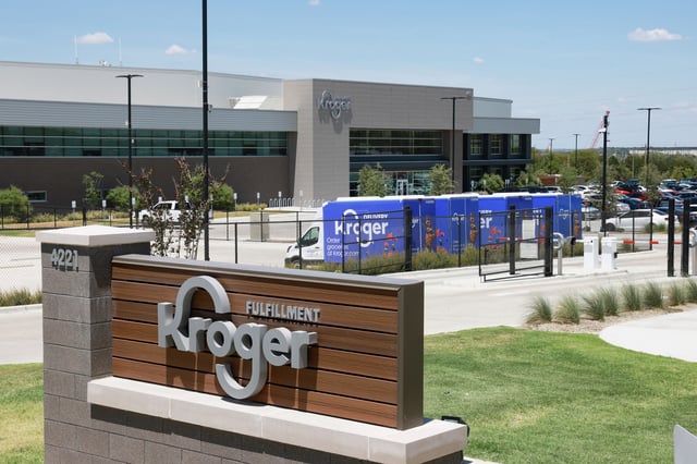 The exterior of Kroger's fulfillment center is shown on July 27, 2022 in Dallas. The Kroger Co. grocery chain has announced an expanded partnership with delivery service DoorDash to offer Kroger products dropped off to the customer's door. 