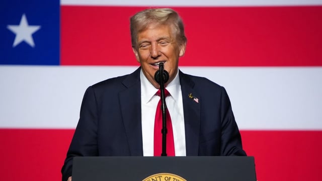 U.S. President Donald Trump speaks to a gathering of top U.S. military commanders at Marine Corps Base Quantico, on Tuesday in Quantico, Va.